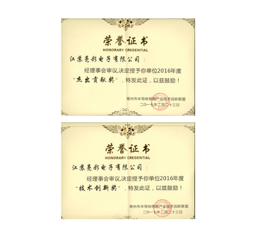 榮獲常州市半導體照明產(chǎn)業(yè)技術(shù) 創(chuàng  )新聯(lián)盟頒發(fā)的“杰出貢獻獎”、 “協(xié)助獎”以及“年度先進(jìn)個(gè)人獎”